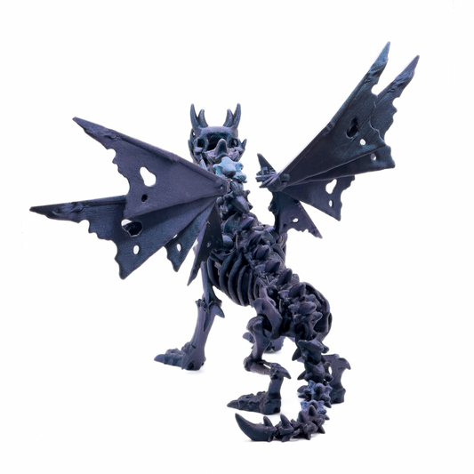 Back view of the dark blue, skeleton dragon with its wings fanned.